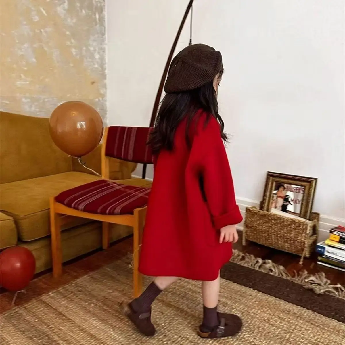 Autumn and Winter High end Girls' Double sided Cashmere Coat Children's Autumn Red Wool Korean Edition Woolen Coa 100-150CM