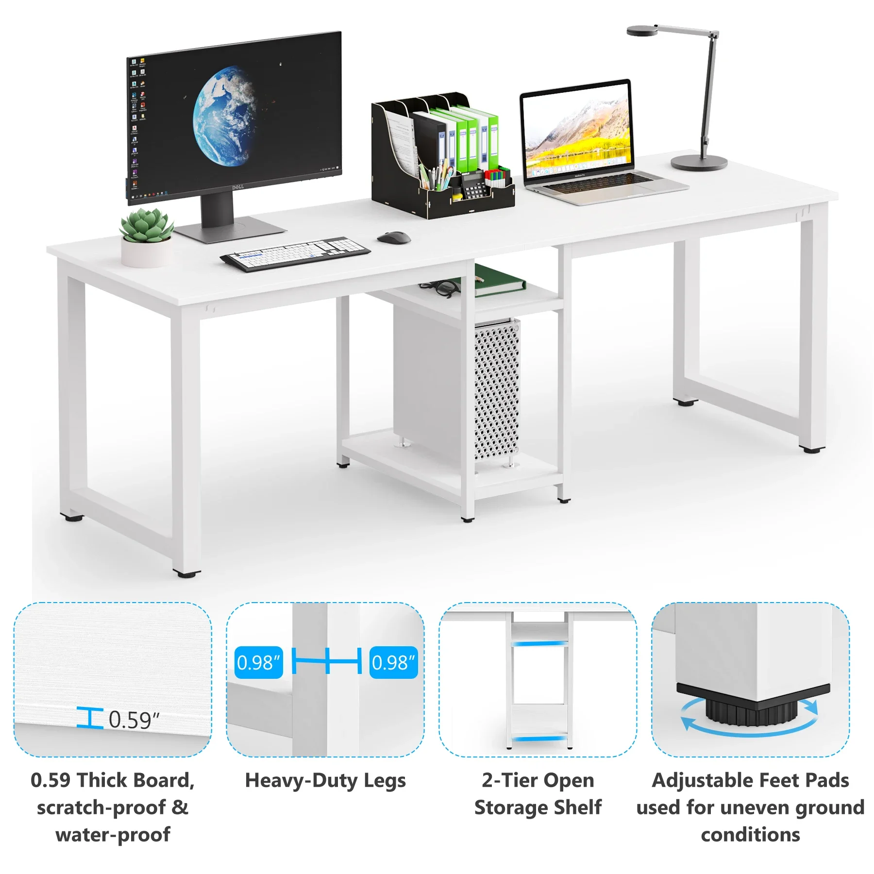 Tribesigns Wit lang computerbureau 78 inch houten bureau voor twee personen met open planken