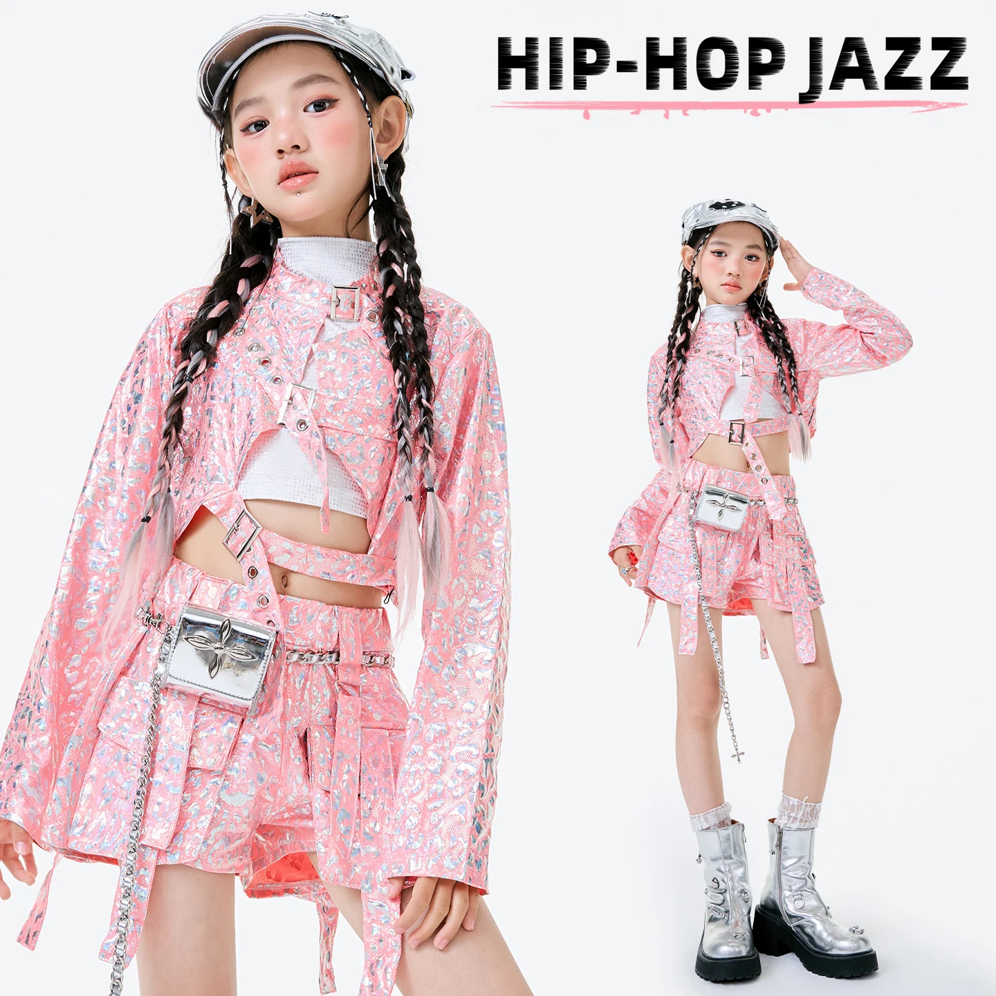 Helle rosa Pailletten Hip Hop Kleidung Mädchen Jazz Dance Kostüm Kinder Ballroom Dance Kpop Outfit Kinder K-pop Outfit SL14606