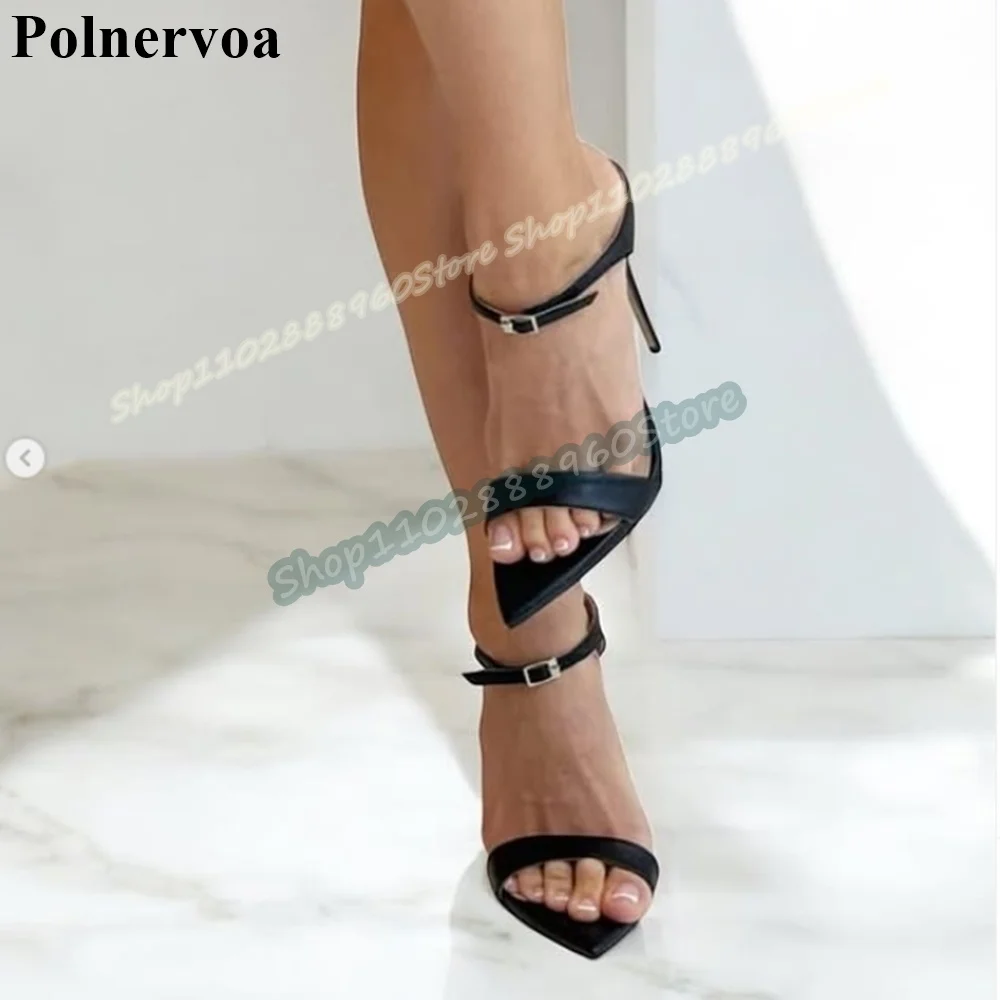 

Black Leather Buckle Strip Pointy Half Slippers Stilettos High Heel Women Shoes Slip On Open Toe Sexy Elegant Casual Slippers
