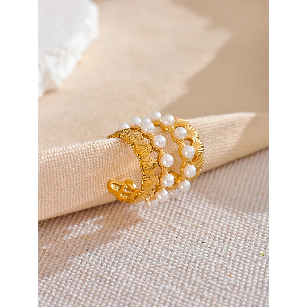 Yhpup Shell Casting Imitation Pearls Geometric Hoop Earrings Golden 18K Plated Stainless Steel Fashion Holiday Jewelry Gift
