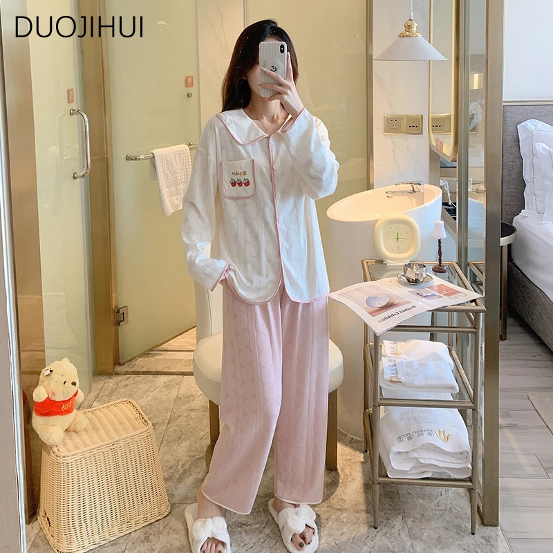 DUOJIHUI Autumn Two Piece Sweet Loose Female Pajamas Set Chic Button Cardigan Simple Pant Fashion Casual Home Pajamas for Women