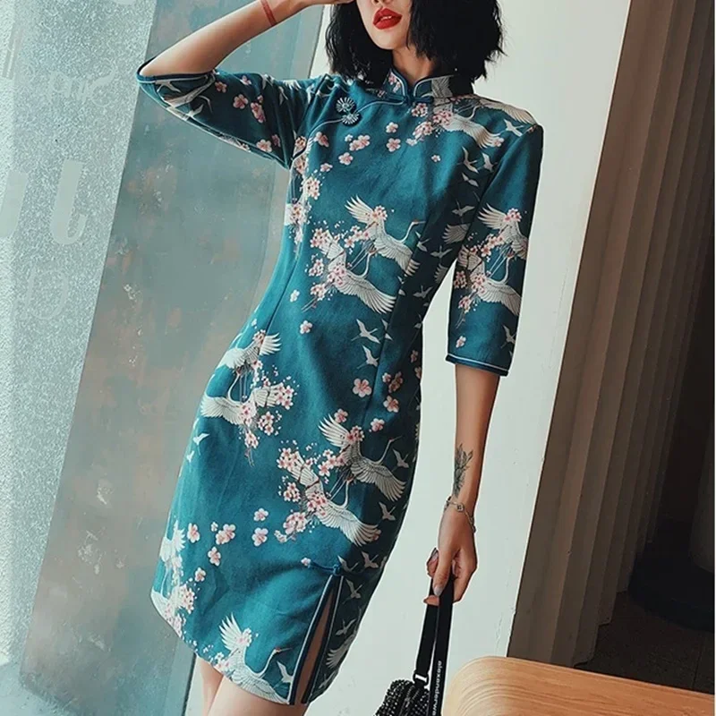 شيونغسام تشيباو كرين طباعة الصينية التقليدية الخريف الآسيوية الشارع الشهير تحسين فستان شرقي 11636 MN1