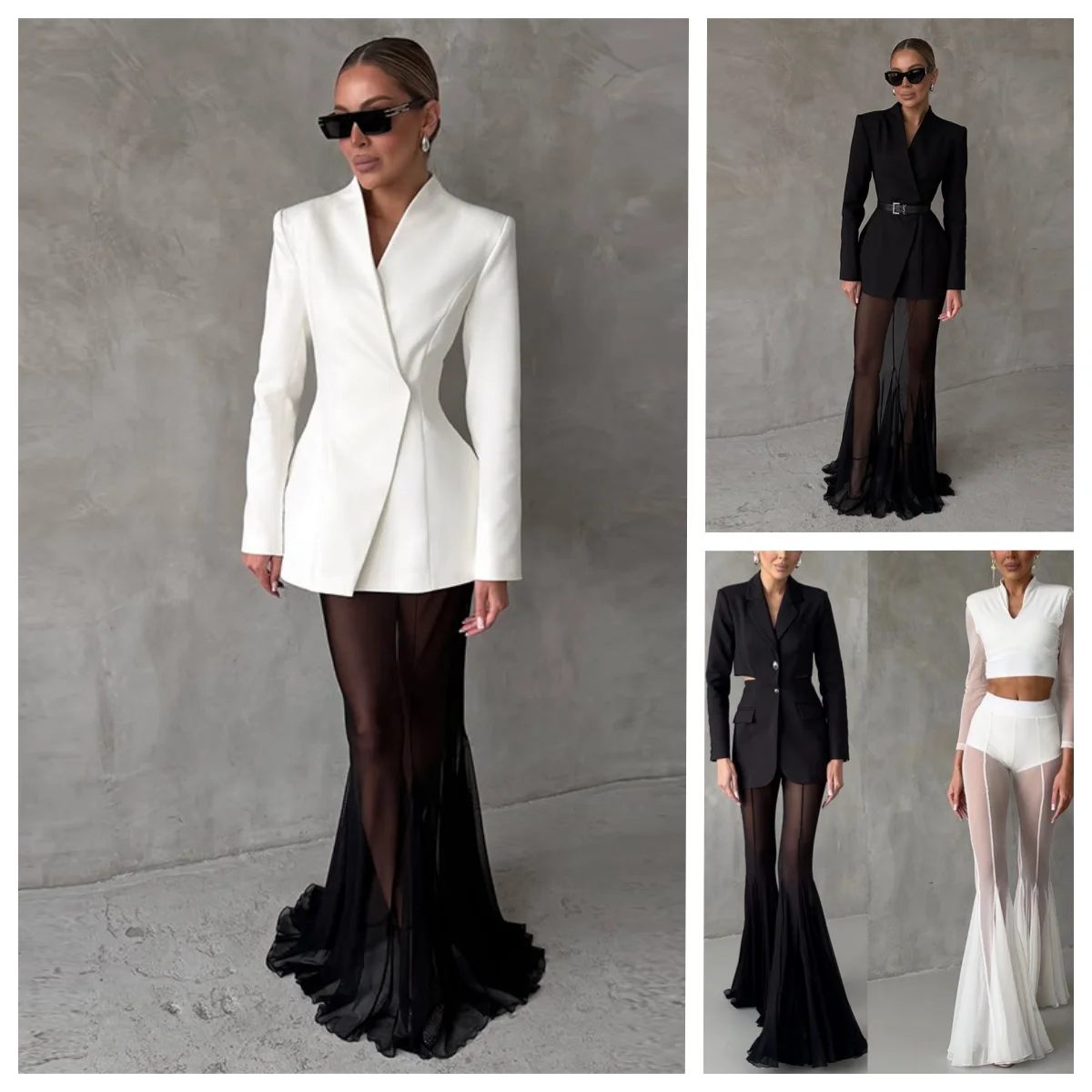 2025 Urban Elegant Solid Blazer Skirt Set Women One Button Suit Blazer Pleated See Through Fishtail Skirts Autumn Lady Suit