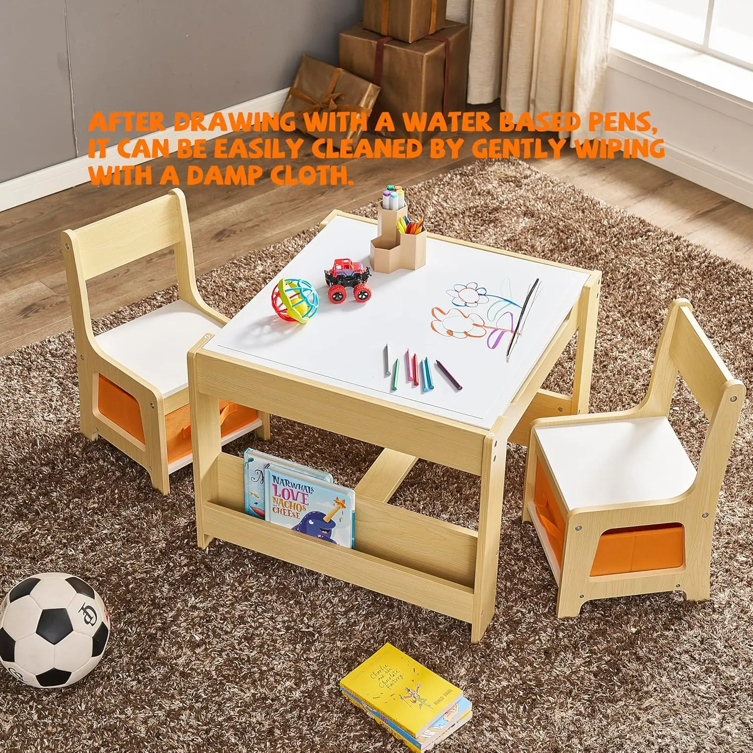 Chair Set, 4 in 1 Wooden Activity Table with Bookshelves and Storage Drawer, 2 in 1 Detachable Tabletop Construct