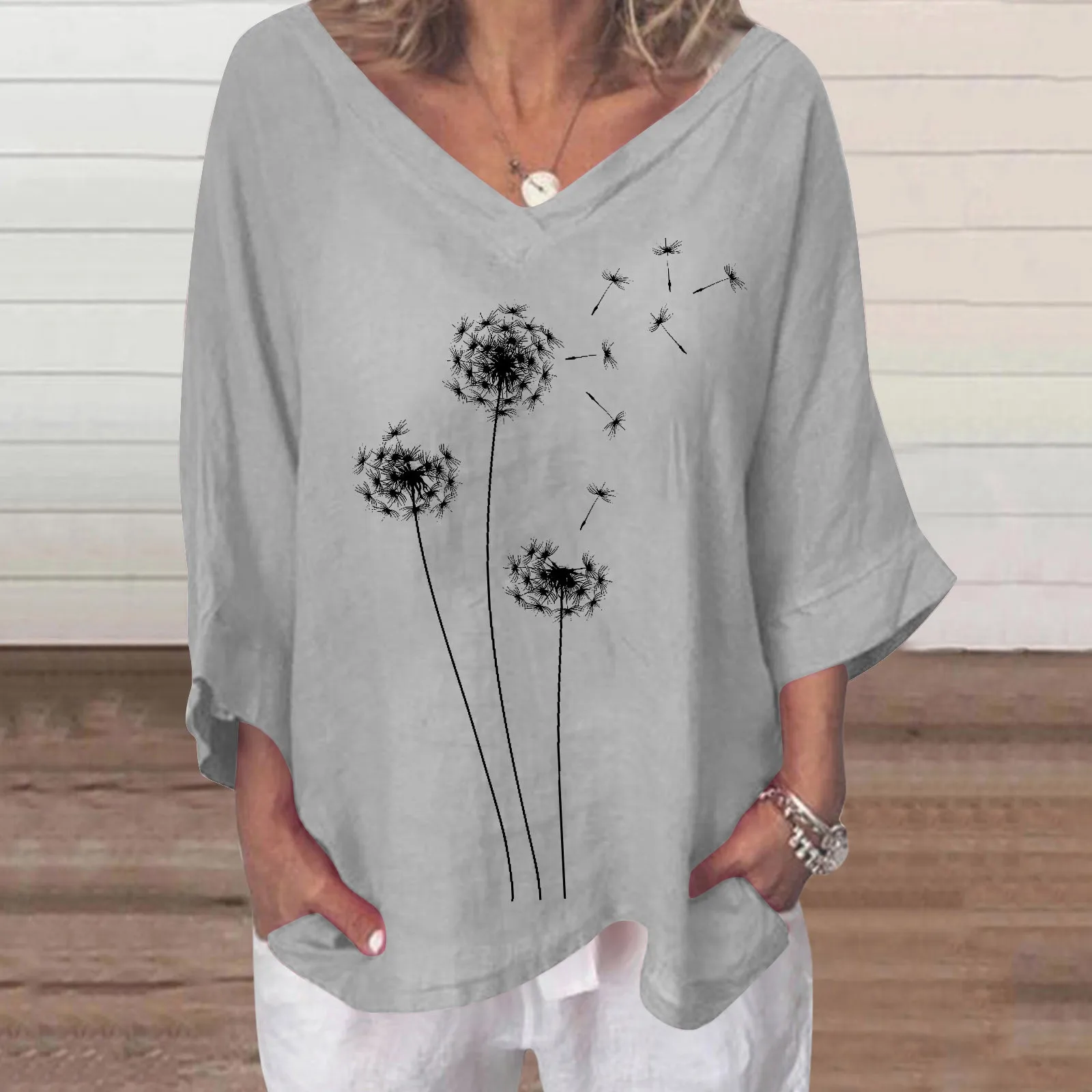 Women Casual V Neck Short Sleeve Dandelion Print Cotton Linen Blouse Top T-shirt Women T-Shirts Women's Fashion Solid Shirt