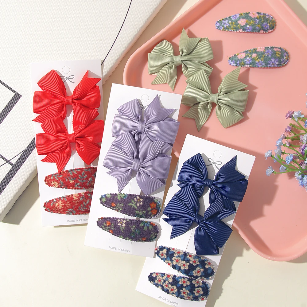 

4Pcs/Card Hot Selling Candy Colorful Ribbons Bow Hair Clips Colorful Printed BB Clips Cute Hair Accessories Kids Gifts