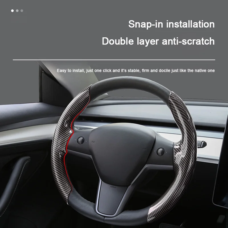 For Tesla Model 3 Model Y 2021 2022 2023 2024，Steering Wheel Cover Carbon Fiber Leather Suede Sport Styling interior Accessories