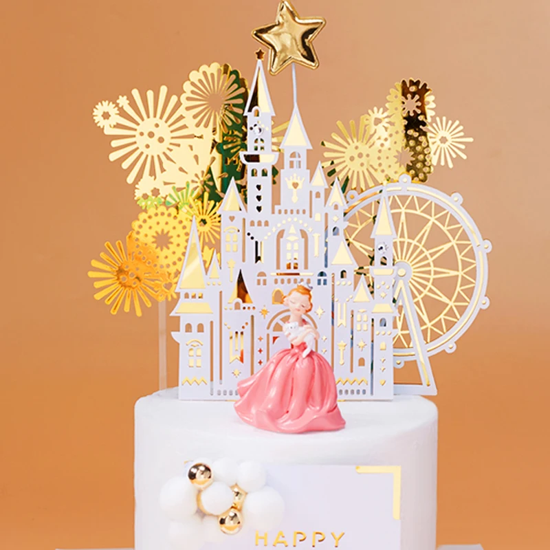 Gold Ferris Wheel Castle Girl Princess Birthday Cake Topper Wedding Decor Birthday Party Baby Shower Baking Gift Cake Accessory