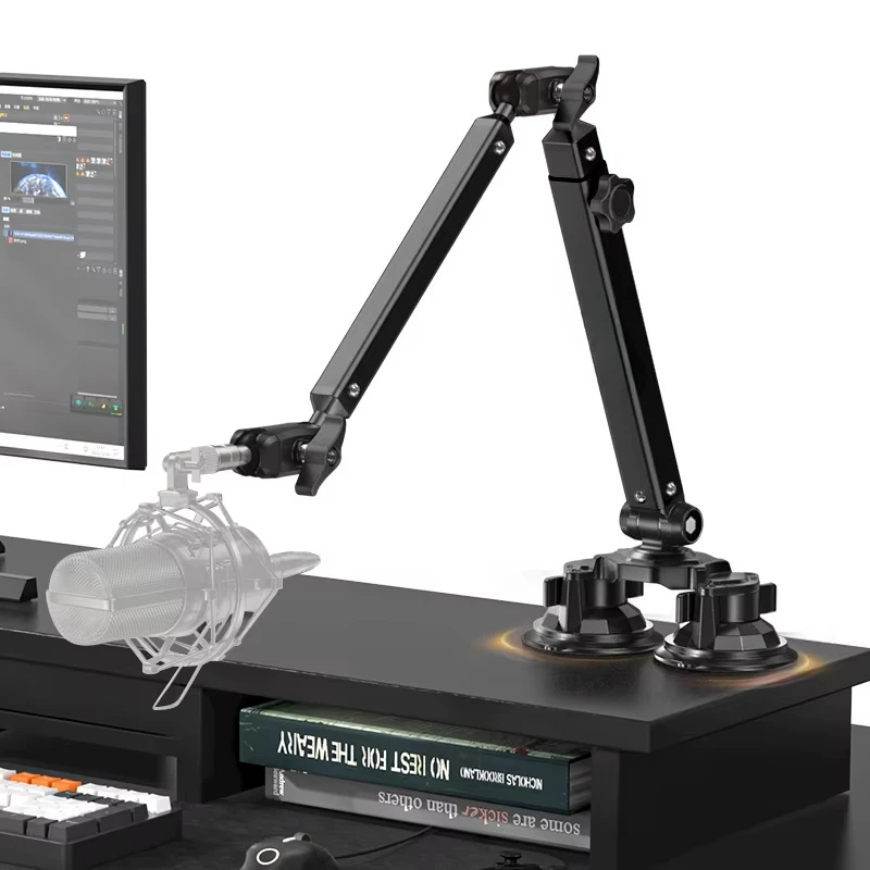 Heavy Duty Black Metal Mic Boom Arm Desktop Stand Dual Suction Mount Studio Recording Accessories