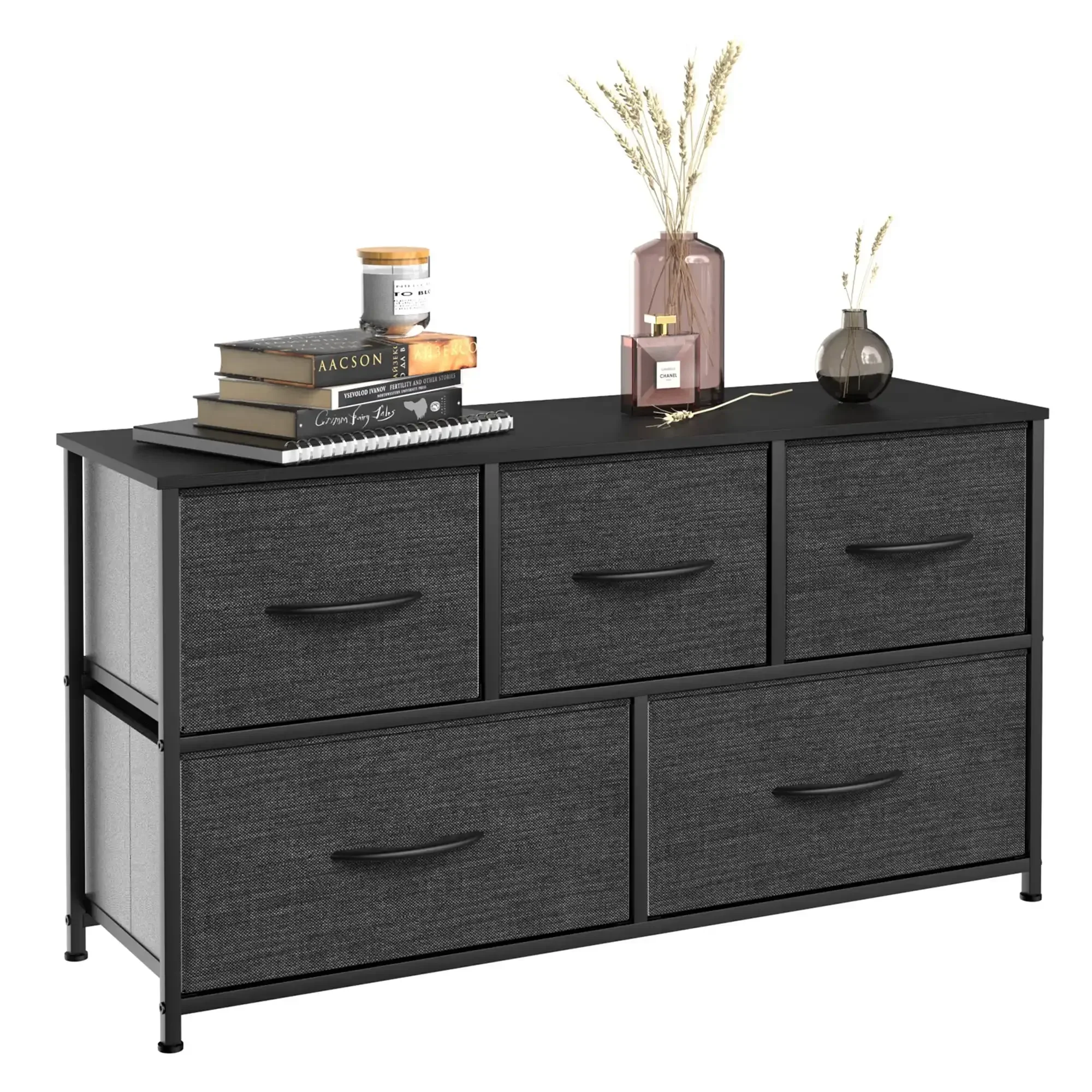 

5 Drawer Storage Organizer Wooden Top Shelf for Closets, Black Grey