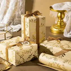 3D Kraft Wrapping Paper Mini Roll 43X500CM Gold and Brown White Leaves Design with Embossed for Birthday Holiday Wedding