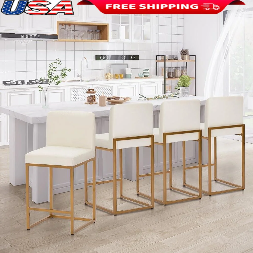 Elegant Bar Stools Set of 4 with Back Height 24 inch Comfortable PU Leather Kitchen Dining Non-Slip Gold Metal Frame