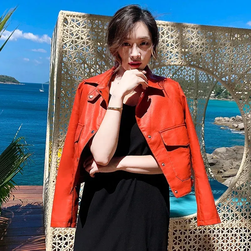 Orange Red Short Leather Coat Female 2024 New Fashion Women\'s Motorcycle Jacket Spring Autumn High End Lapel PU Leather Outerwea