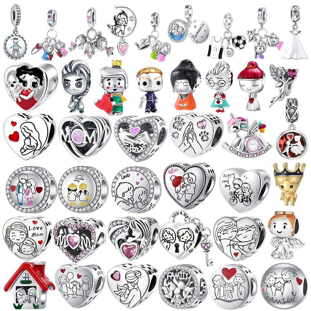 New 925 Silver Family Love Jewelry Mother Child Heart Shaped Hanging Bead Fitting Bracelet DIY Women's Jewelry Handmade Gift