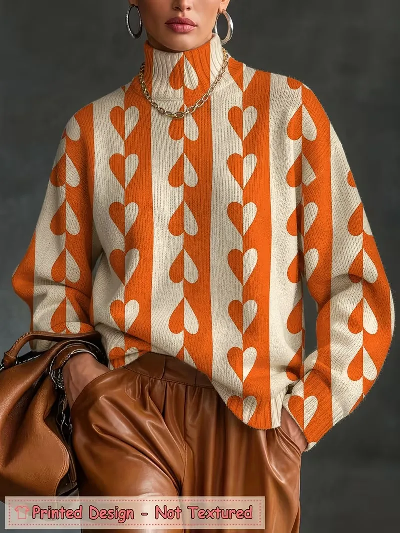 Autumn Winter Women Turtleneck Top Retro 3D Heart Element Print Long Sleeve Loose Casual Ladies Pullover Daily Wear Sweatshirt