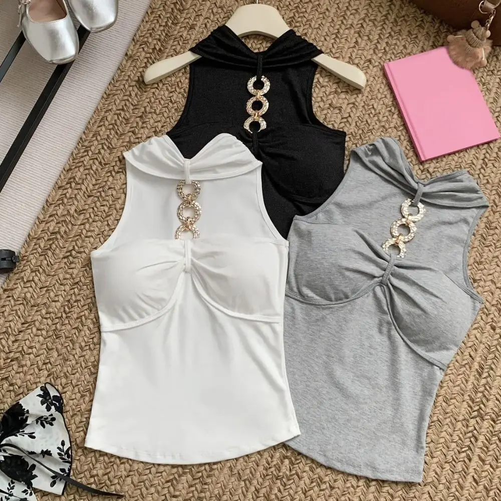 Korean Style Metal Buckle Slim Crop Top Spicy Girl Style Thin Women's Halter Vest Top Short Y2K Sleeveless Camisole Summer