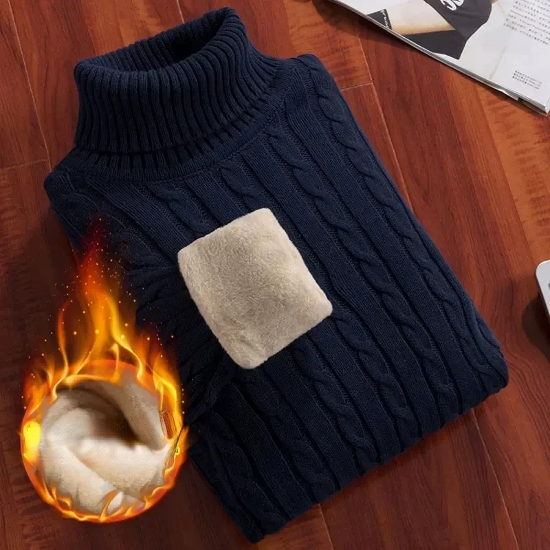 

Mens Winter Cotton Fleece Sweaters Super Warm Turtleneck Man Solid Color Knitted Pullovers New Year Velvet Inner Tops