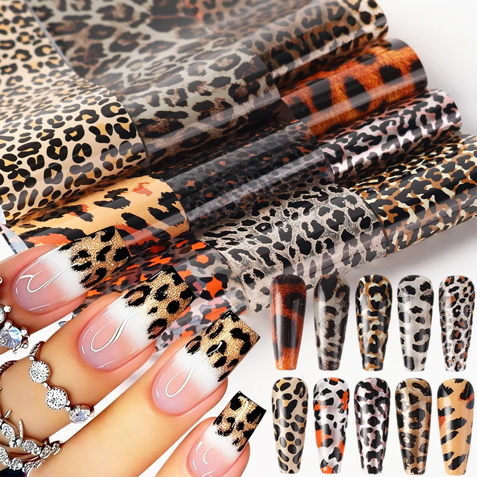 10 Stück Elegante Leopardenmuster Nagel-Transferfolien Aufkleber Tierfell Elegantes Leopardenmuster DIY Charm Nagelkunst Dekoration