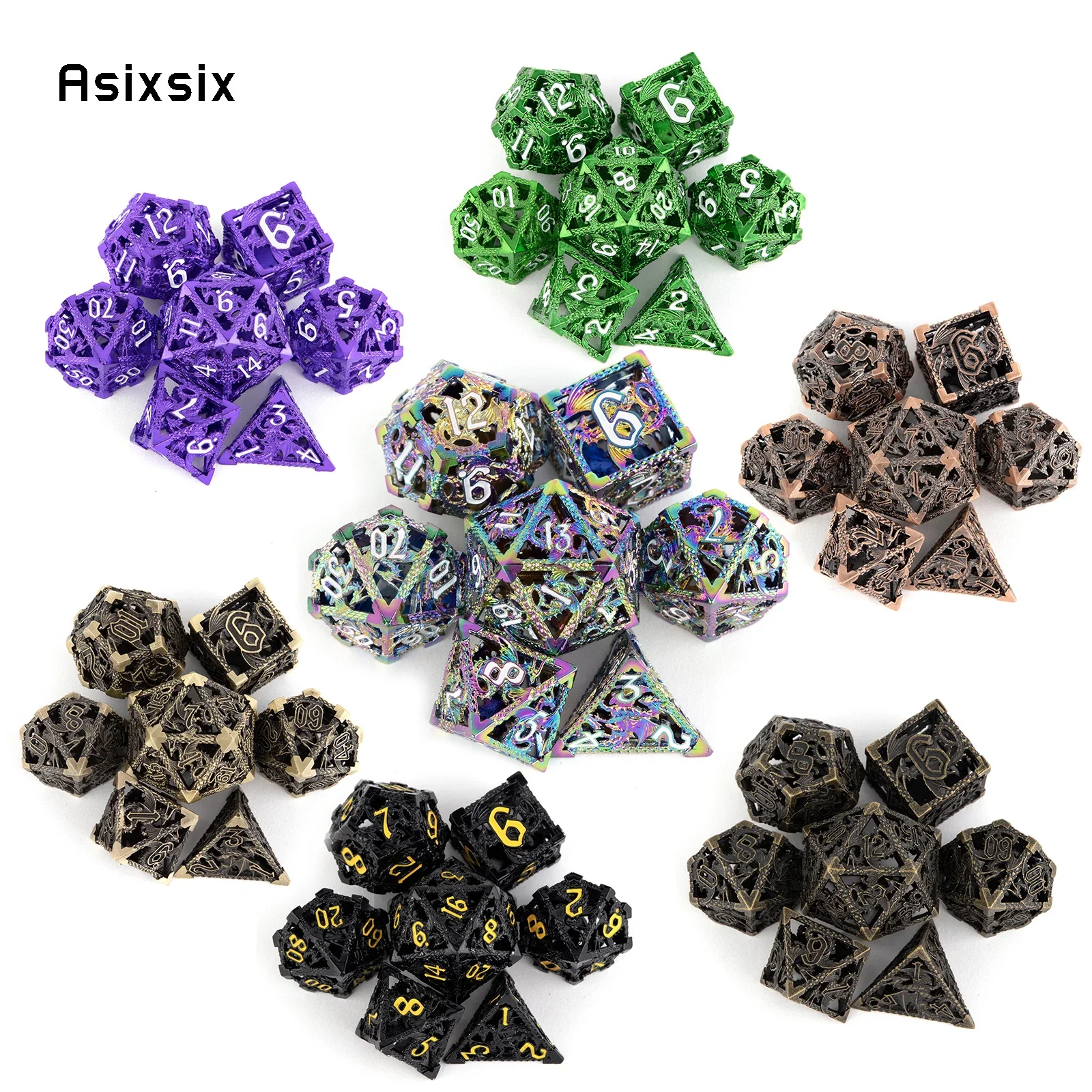 

7 Pcs All Kinds of Color Flying Dragon Hollow Metal Polyhedral Dice Set Suitable for Role-Playing RPG Board Game Card Game