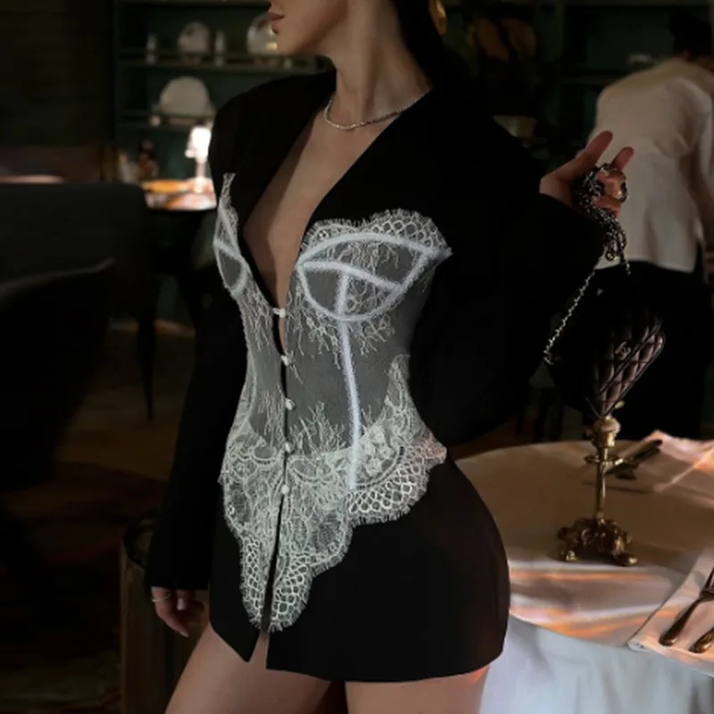 Lace Deep V Long Sleeve Suit Jacket Women Sexy Shoulder Pad Sleeves Single Breasted Waist Cinching Jackets Hot Girls Outerwear