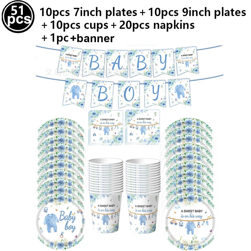 Jungen-Babyparty Einweg-Geschirr Blaue Pappteller Becher Servietten Tischdecke Blaue 'Es ist ein Junge'-Dekoration Süße Babyparty-Dekorationen – Detail 3