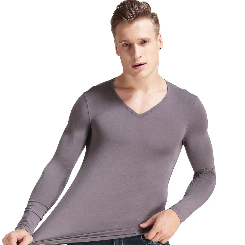 Herren-Thermounterwäsche, Modal, V-Ausschnitt, Rundhalsausschnitt, dünnes Herbsthemd, schmale Passform, langärmliges Basisschicht-Herbstoberteil für Herren