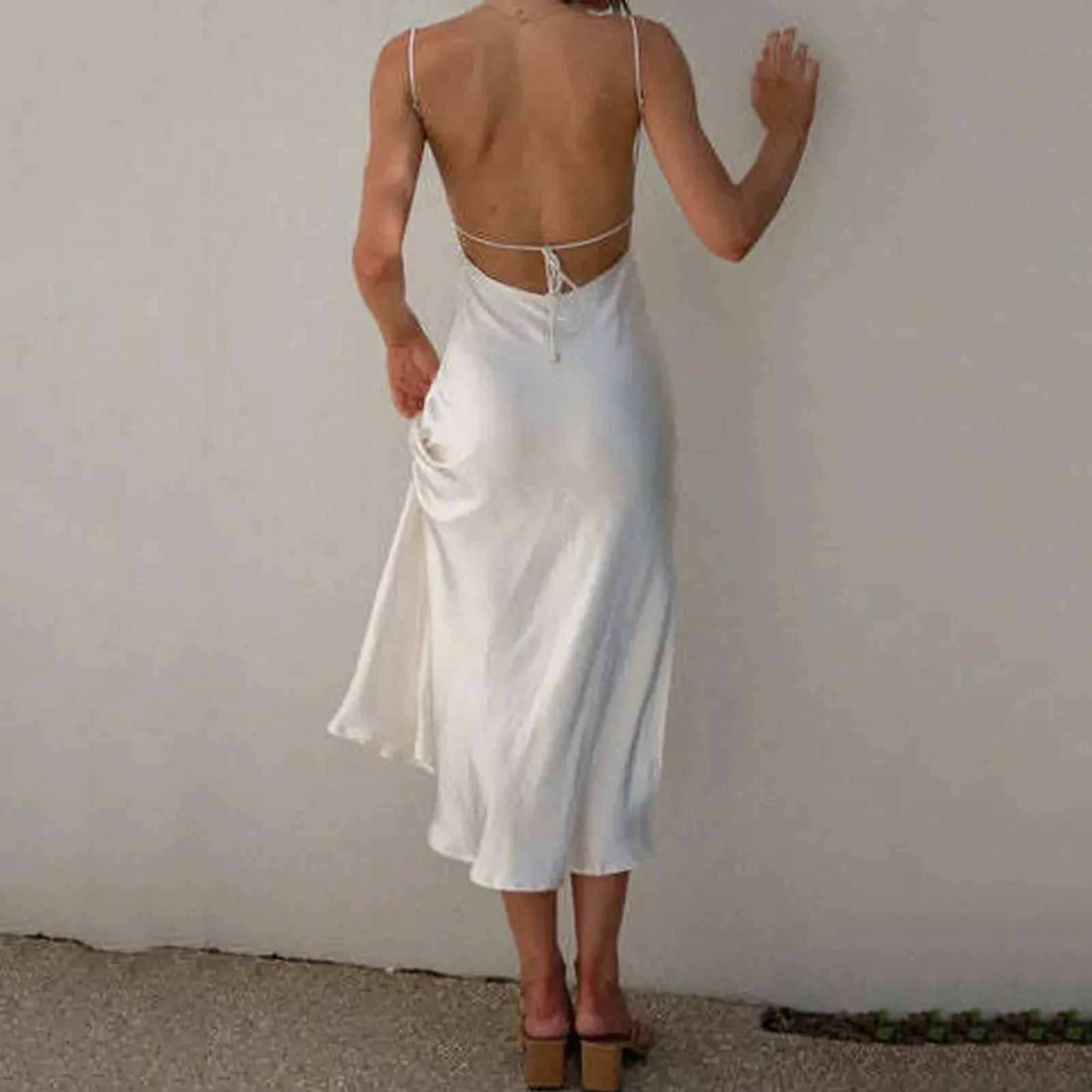 Holiday Resort Style Suspender Dress White Sexy Backless Temperament Slit Dress Thin Straps Dresses Wedding Party Bridesmaid