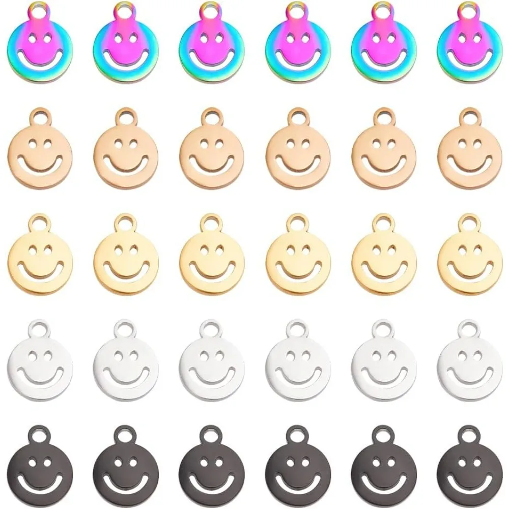 Flat Round with Smile Charms Stainless Steel Hollow Pendants Small Hole Manual Polishing Charms for DIY Earrings Necklaces