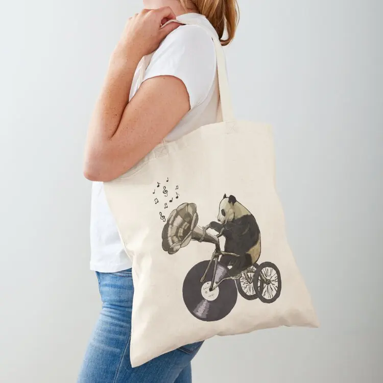 

Panda Musician on Bike Vinyl Lover or Tube Player Tote Bag woman shopping bag reusable shopping bag Cloth bags large tote