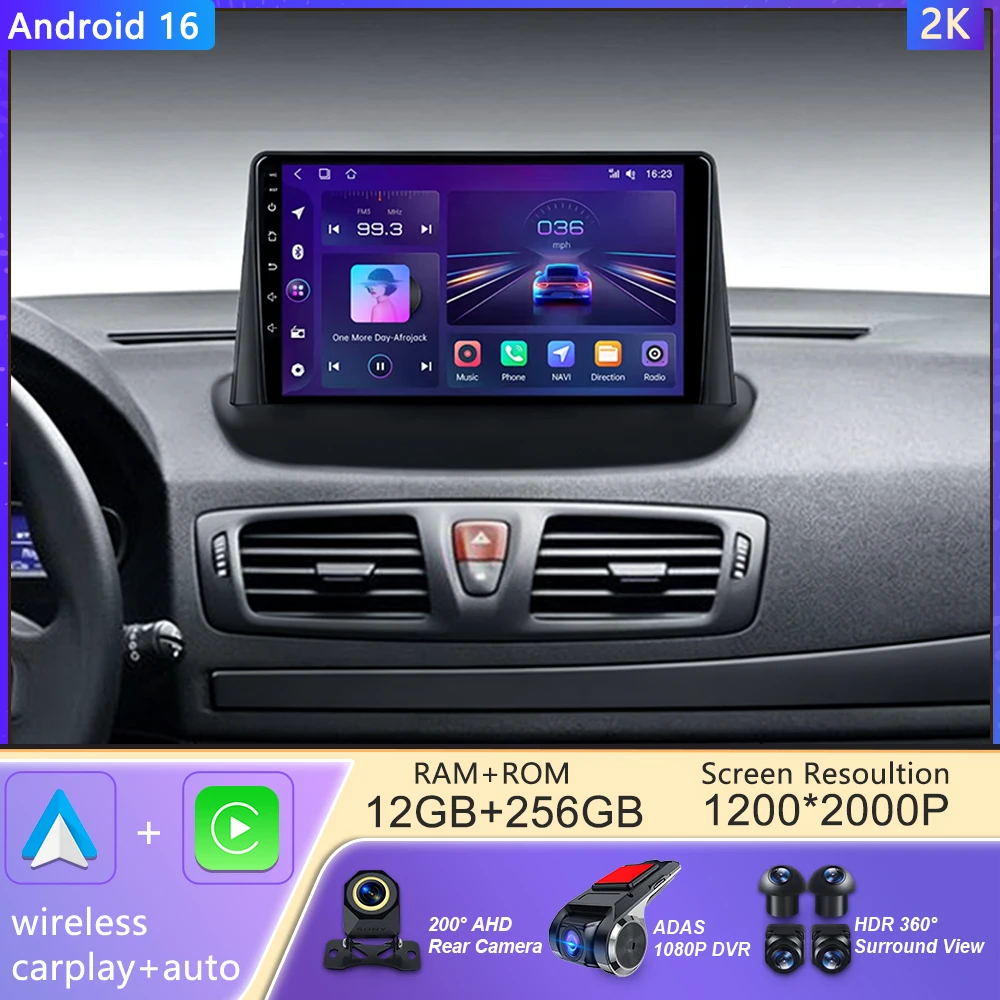 Android 16 For Renault Samsung Megane 3 2008 - 2014 Car Multimedia Player Radio Carplay Auto 2din GPS Navigation Stereo Video He