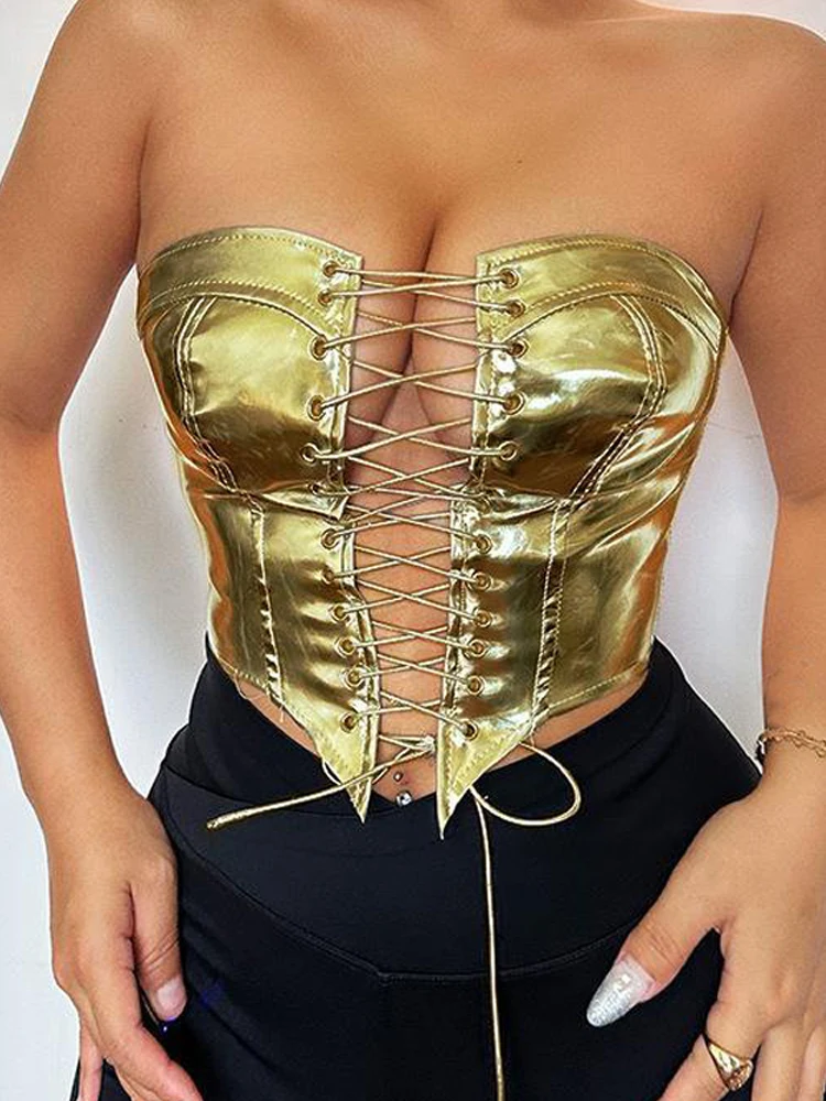 Gold Metallic Sexy Criss Cross Drawstring Bandage Cropped Top for Women 2024 Summer Fashion Sleeveless PU Faux Leather Tank Tops