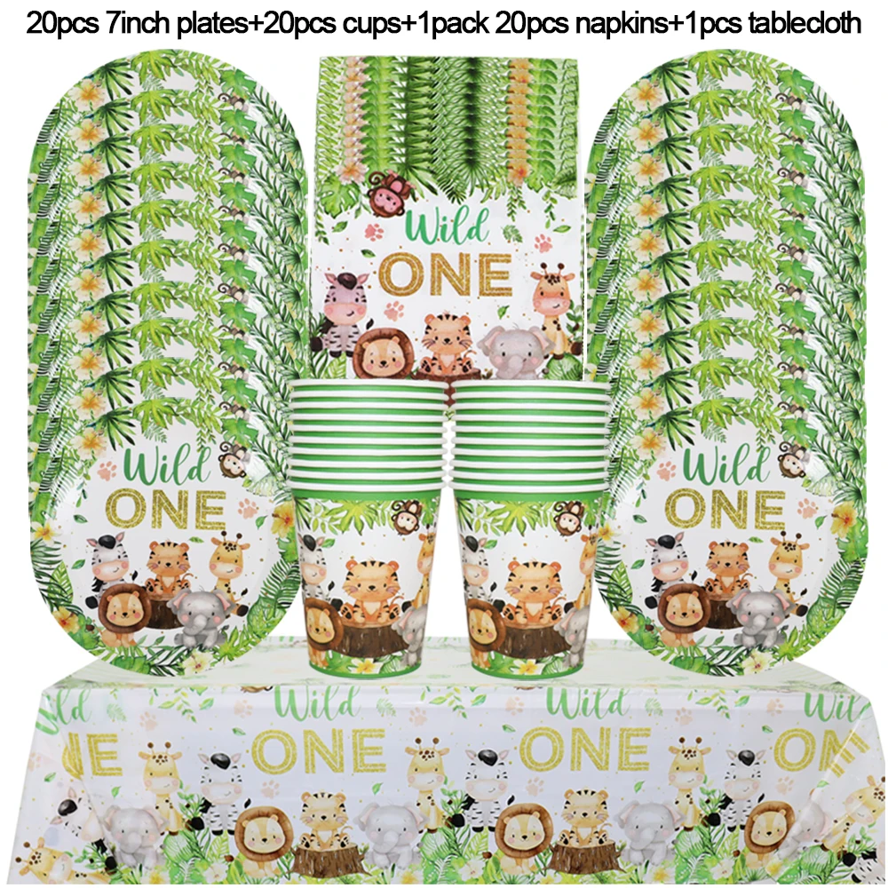 Forest Jungle Birthday Party Decorations Wild One Animal Tablecloth Tableware Set Woodland Safari Happy Birthday Party Supplies