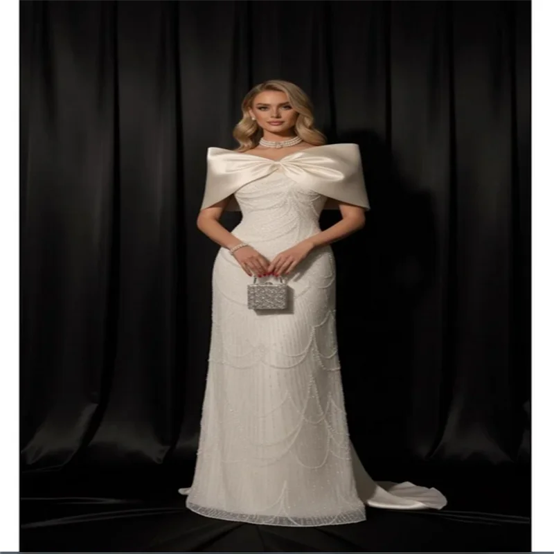 Customized White Beading Pearls robes de soirée Shawl Sleeveless Party Dresses Floor-Length Trailing A-line Prom Dress New