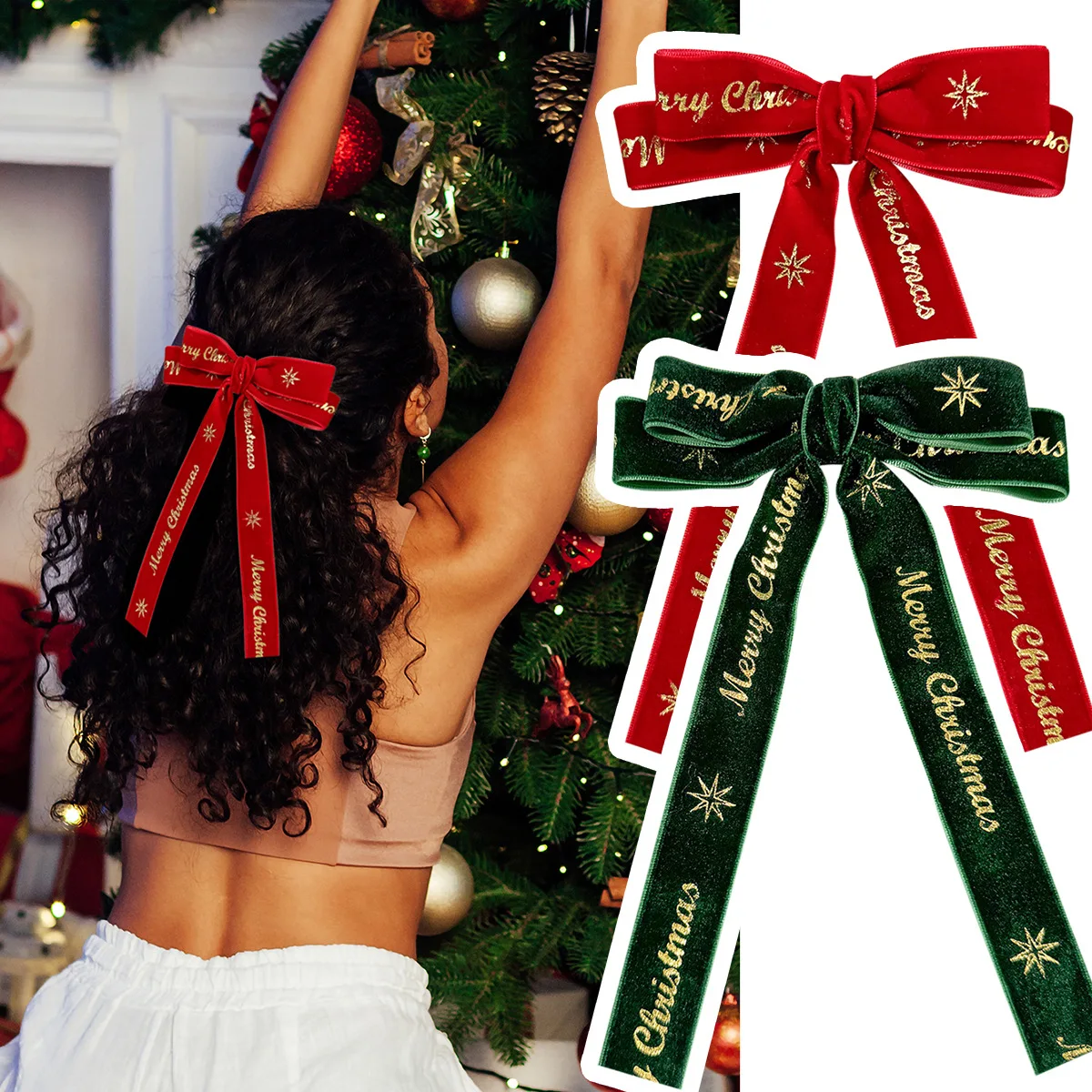 Velvet Bow Hair Clips for Women and Girls, Long Tassel, Glitter, Christmas Letter Prints, Hairgrips, Themed, Bulk Pack, 24Pcs
