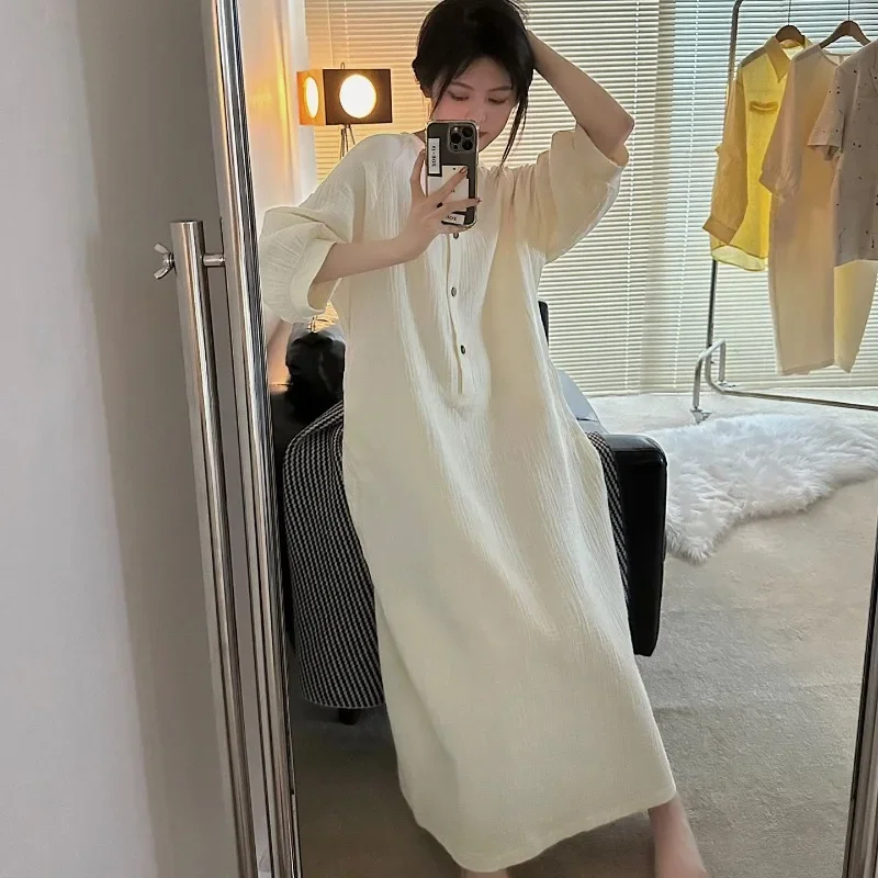 Korean Sleepwear Women Nightgown Button Loose Nightwear Autumn Night Dress Solid One Piece Pajamas O-neck Home Wear New in 2024