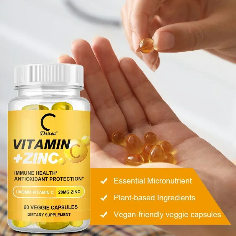 Organic Vitamin C 1000 mg and Zinc 20 mg Capsules Support Skin, Immune Health, Antioxidant Supplement - 60 Vegetable Capsules