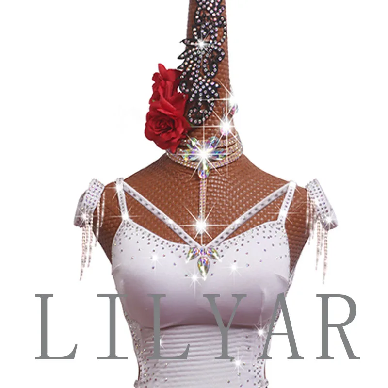 New Latin  Competition Performance  Adult Custom Children's Purple Tassel Backless Dance Skirt White Pleated Skirt