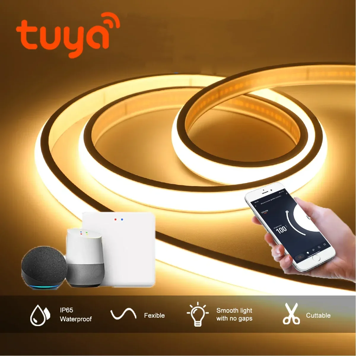 USB 5V Smart TUYA COB Neon Strip Light Pure Silicone Tube Waterproof 320LEDs/M High Bright Support Alexa Google Home App Control