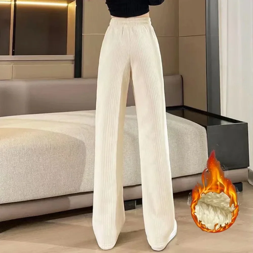 2025 Winter Girls Thicken Fleece Casual Pants Women High Waist Thermal Pants Female Snow Warm Plush Straight Leg Trousers