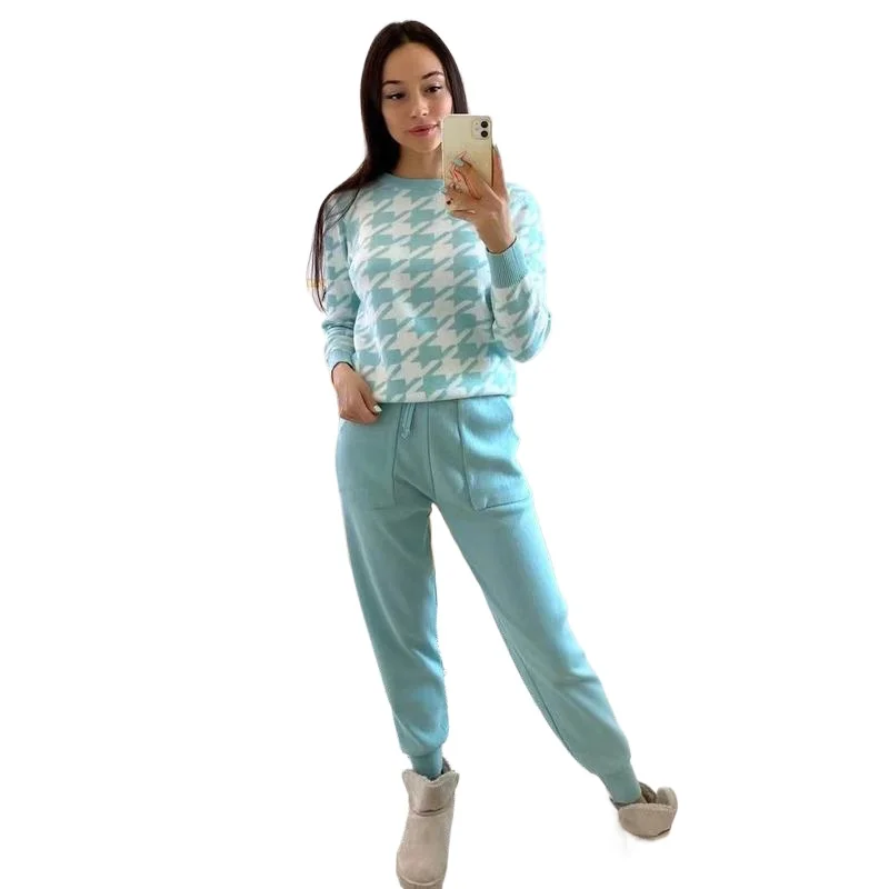 Houndstooth Knit Womens Tracksuits Fashion O Neck Woman Pullovers + Harem Pants Two Piece Sets Winter Outfits Four Color
