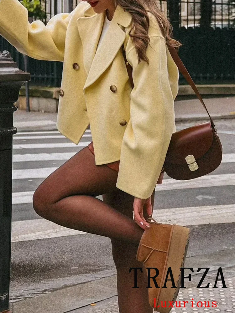 

TRAFZA High Street Chic женское пальто с однотонными карманами, двубортное короткое свободное пальто, новая мода, осень-зима 2025 года, теплое пальто