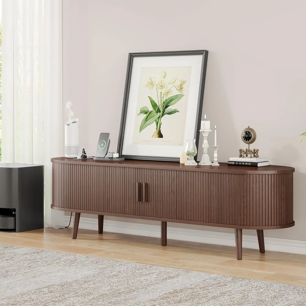 حامل تلفزيون حديث لمنتصف القرن مقاس 59 بوصة مع محطة شحن، وطاولة وحدة تحكم وسائط تلفزيون بحافة منحنية مع درج ورف، #3