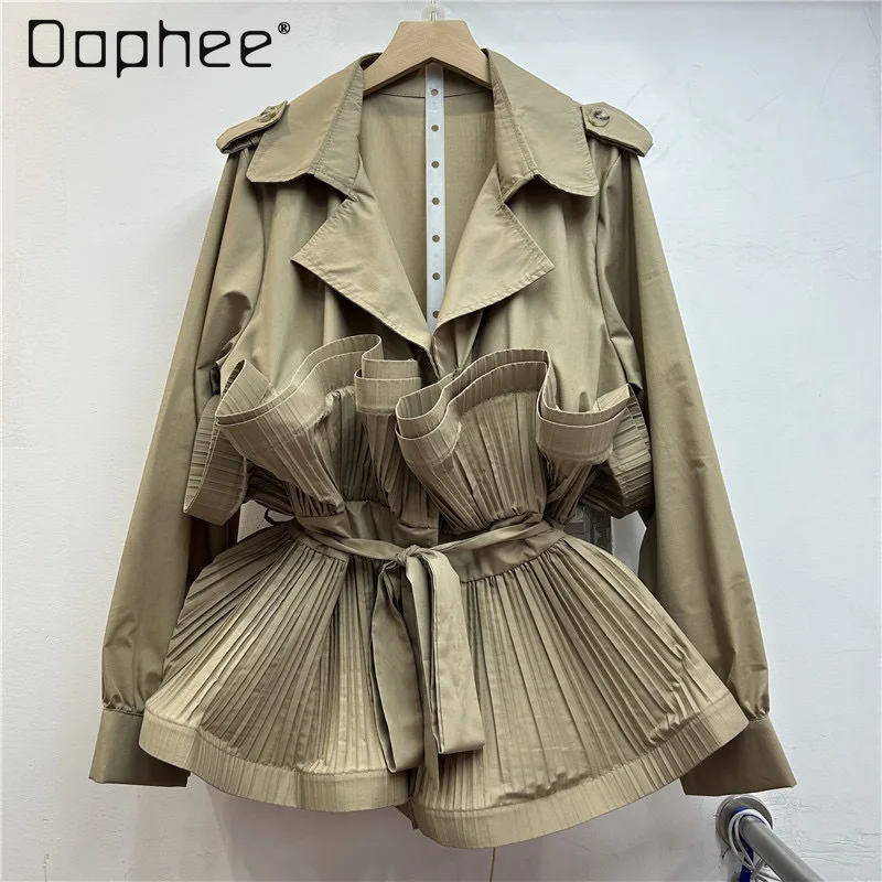 

2025 весна осень новая мода элегантный костюм с воротником плиссированный лоскутный галстук с длинными рукавами облегающий высококачественный короткий плащ женский