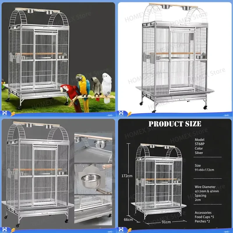 Large Stainless Steel Bird Cage Luxury Eco Friendly Four Season Parrot Cage With Wooden Perch Stand Metal Food Container Pet