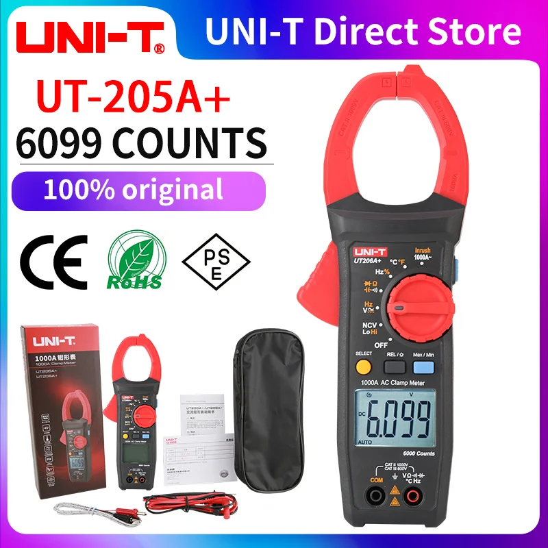 UNI-T Digital Clamp Meter UT205A+ UT206A+ 1000V AC DC Voltage 1000A Current Auto Range Temp Resistance Multimeter Ammeter Tester