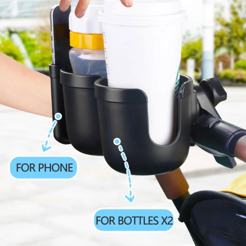 Bottle Organiser Pushchair Stroller Wheelchair Walker Double Cup Holder 360° Rotation Drink Beverage with Phone Holder