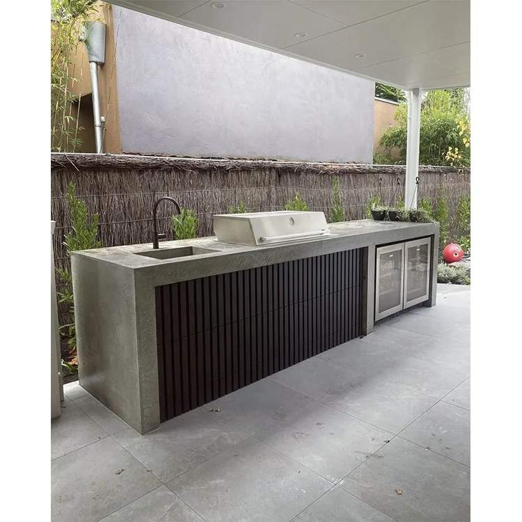 Custom Polished Concrete Benchtop Stone Outdoor Kitchen with Sink and Grill