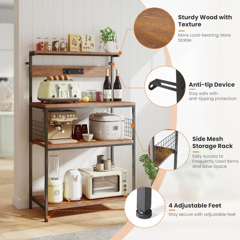 Rejilla para panaderos de cocina de 4 niveles con tomas de corriente, estantes ajustables para almacenamiento de microondas y electrodomésticos en marrón rústico