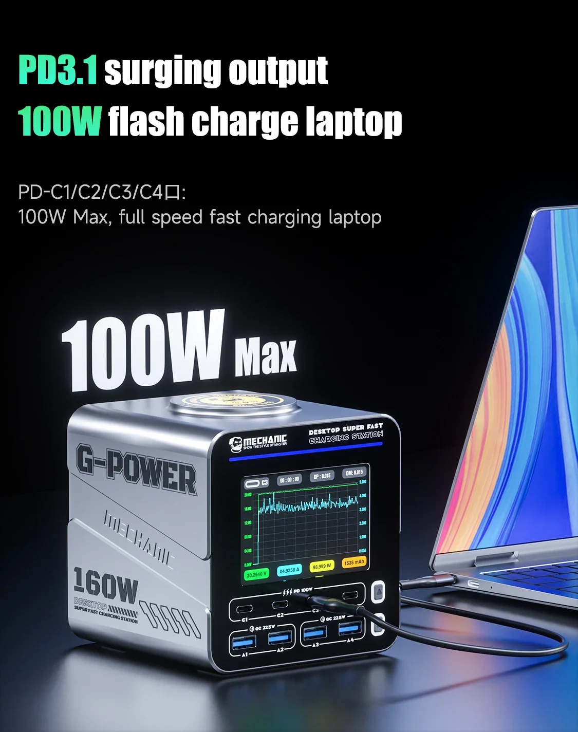 MECHANIC G-Power 160W GaN Desktop Charger 8-Port Charging Station 15W Wireless Digital Display PD3.1 for iPhone Android Laptop